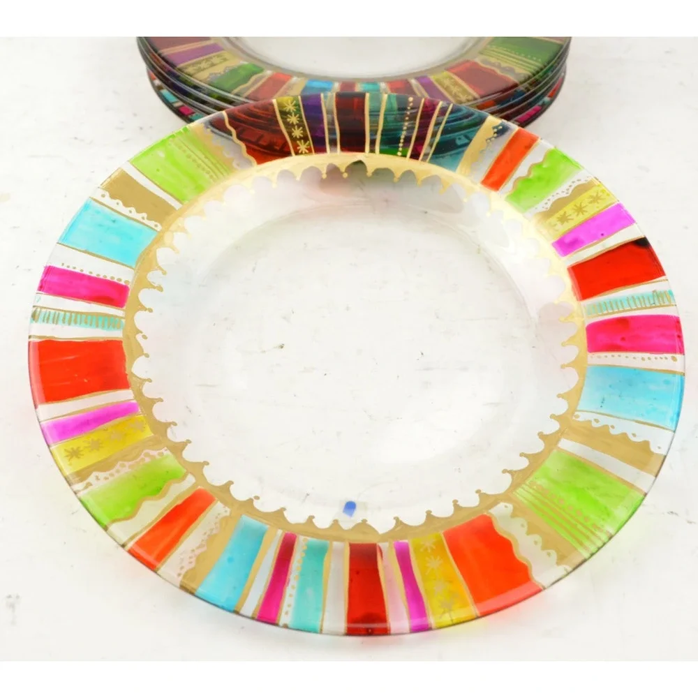 Pier 1 Festive Stripe Rainbow Gold Accents Glass Salad Plates 8.25